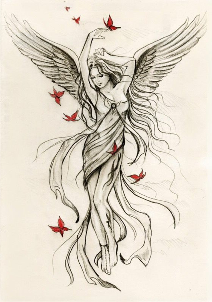 在这里你会发现女性的天使翅膀纹身的想法 - 这里是一个舞动的天使，白色的翅膀有长长的羽毛和蝴蝶