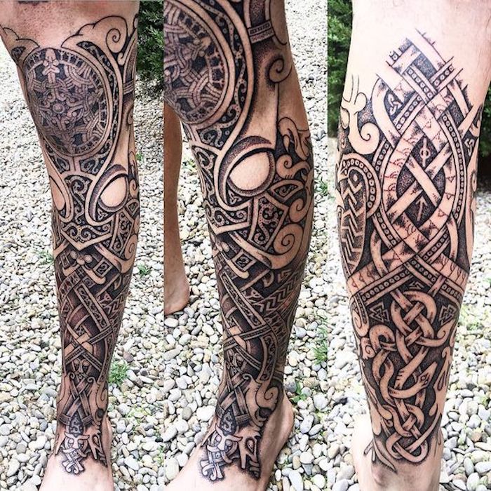 北欧纹身，腿，beintattoo，黑色和灰色的纹身