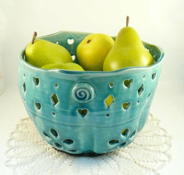 Fruta tazón de cerámica-azul-modelo-verde peras en él