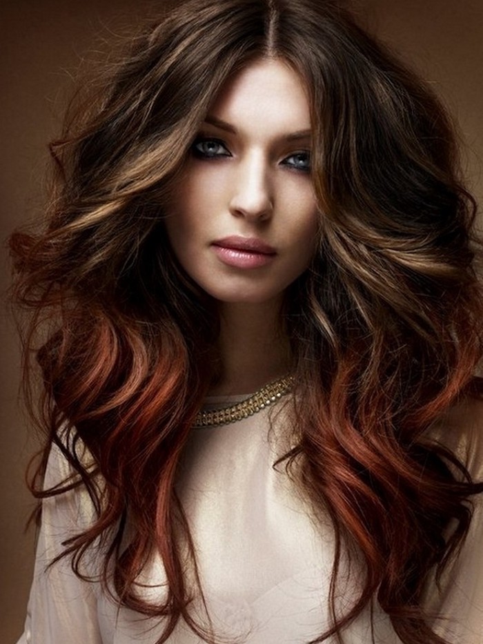 ombre színezés színes design nagy ötlet hosszú haj barna vörös árnyalatok nuancing