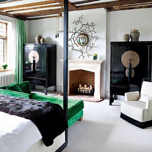 zöld fehér, fekete és barna színes kombináció - az ázsiai hálószoba keret