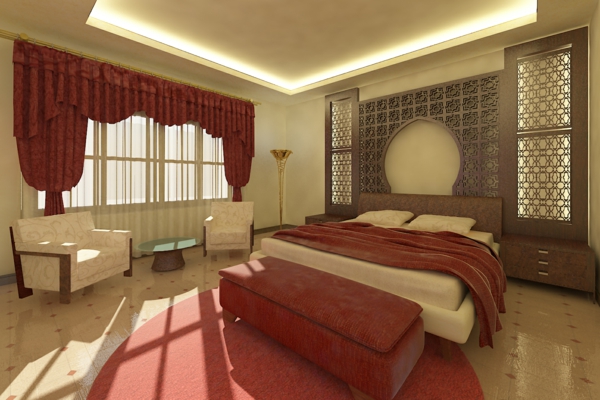 एक सुंदर ओरिएंटल बेडरूम मॉडल के लिए सरल रंग