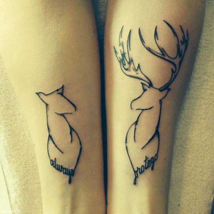 ideas de tatuajes para parejas, ciervos y ciervos, tatuajes que se complementan entre sí
