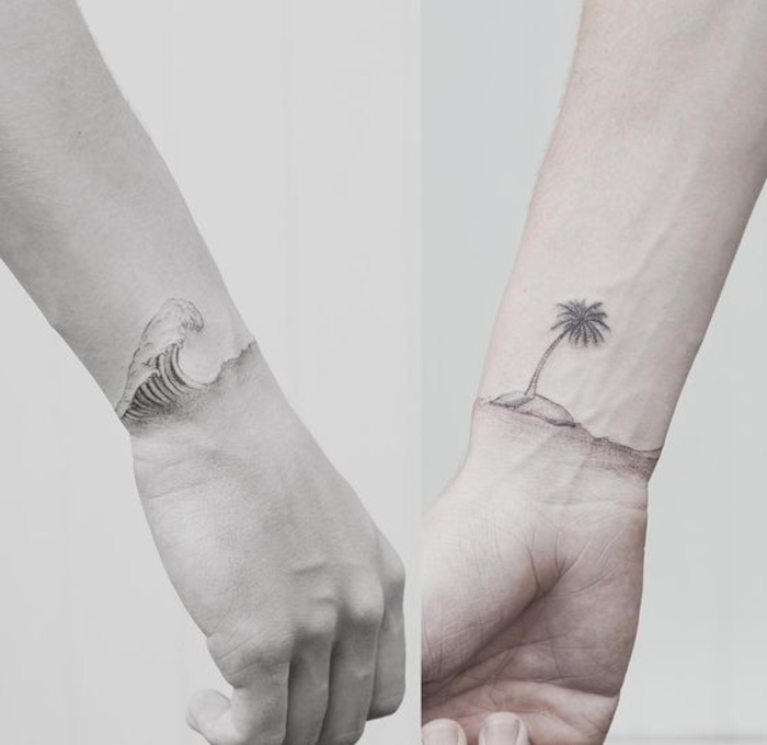 tatuajes que se complementan, onda e isla, idea creativa para parejas, verano