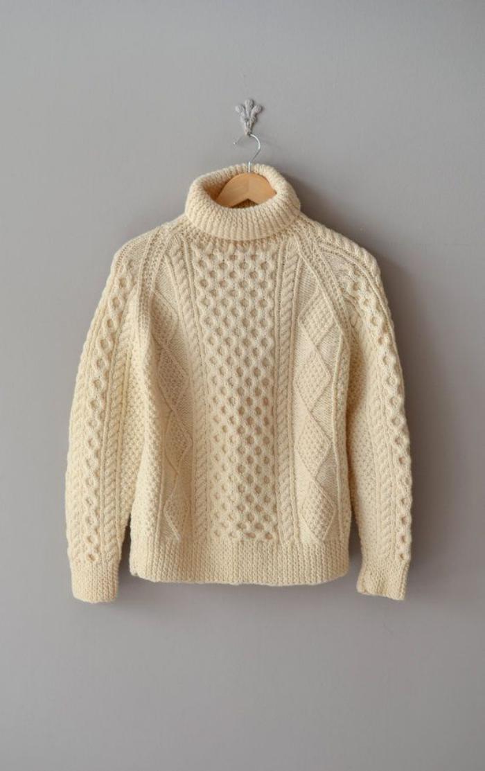 स्वेटर ऊन-महिलाओं-आयरिश बुनाई पैटर्न क्रीम रंग