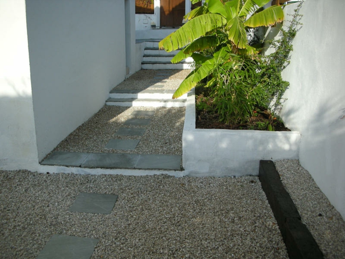 Pisos de guijarros y piedras en el camino, plantas verdes - patio delantero moderno
