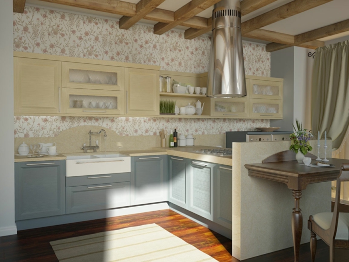 espace-cuisine de style campagnard papier peint rétro romantique