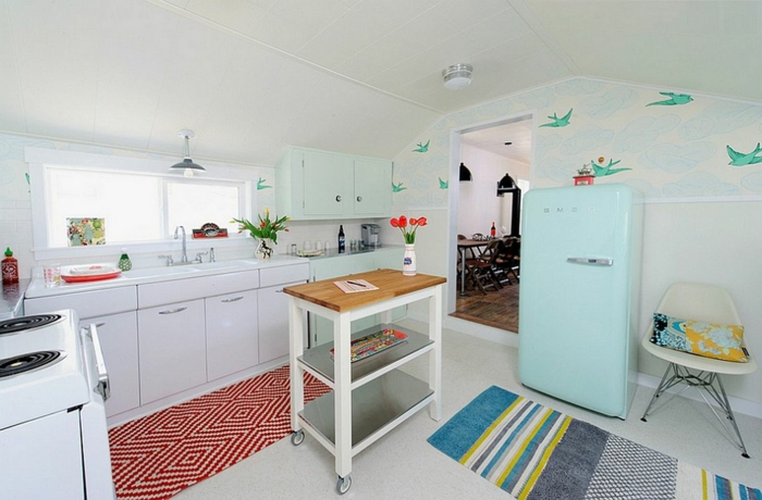 空间厨房蓝色冰箱墙纸浪漫图案的小鸟