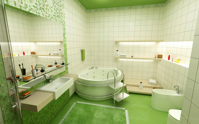 מרחבית-אמבטיה-ירוק אריח מהרצפה לתקרה צבעוני אביזרי אמבט בצורת חצי עיגול