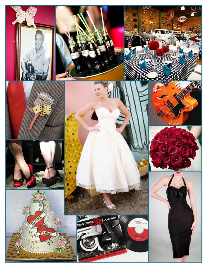 todos los elementos de una fiesta de los años cincuenta para la boda - bebidas, decoración de mesa y ropa