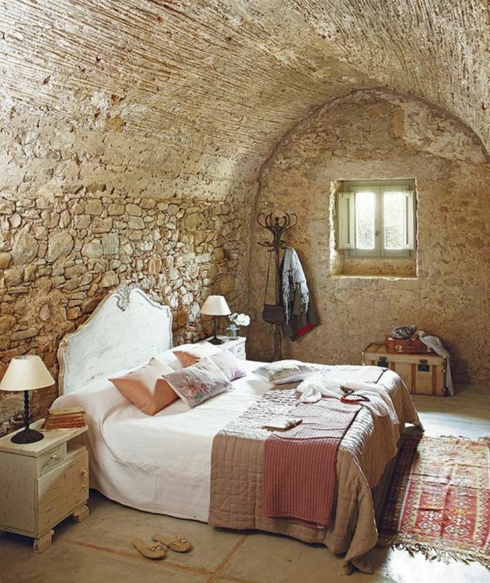 rustik布置的卧室臂天花板的石头复古地毯老式床头landhausstil
