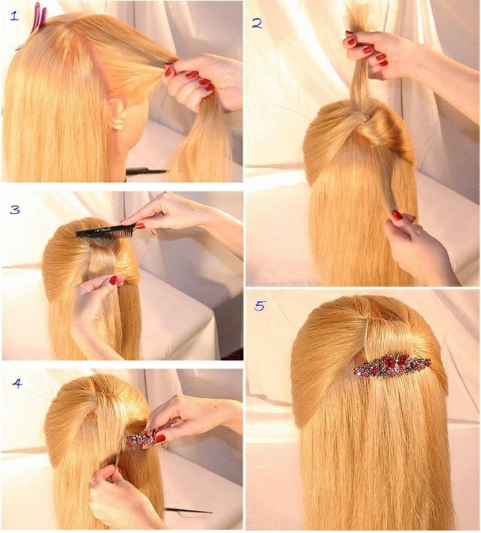 Βραδινά Hairstyles Βήμα-βήμα οδηγίες για τα μακριά μαλλιά, hairdo με κόκκινα κρύσταλλα