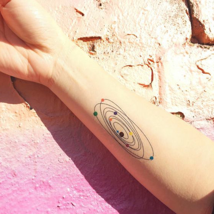 tatuointi motiivit naisen kosmos aurinkokunta planeettoja eri väreissä merkitä käsivarsi tatuointi