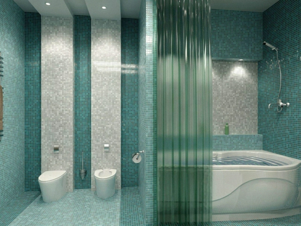 belles idées-couleur-mur-turquoise-couleur pour-salle de bains-blanc-baignoire