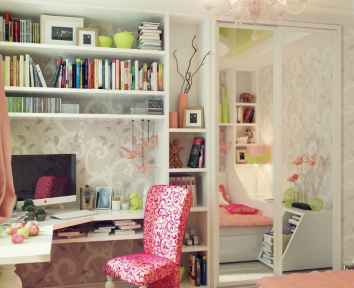 सुंदर बेडरूम विचारों के लिए महिला-सुंदर-वॉलपेपर और गुलाबी कुर्सी
