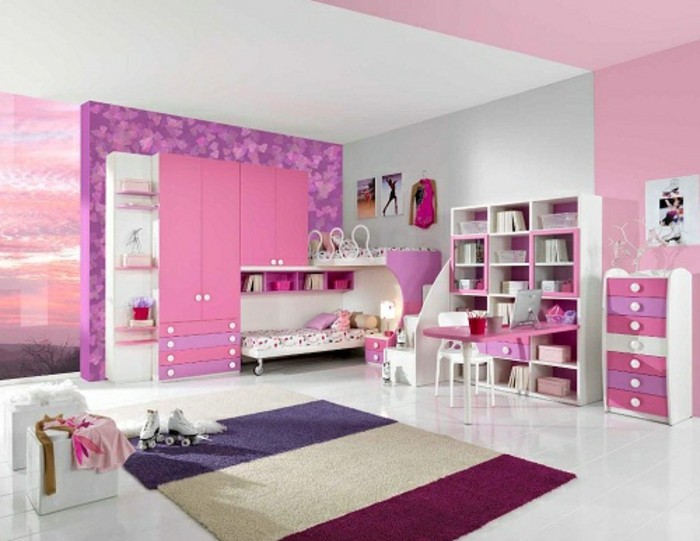 gyönyörű szobás ötletek-for-girl-super-szép-szőnyeg-és rózsaszín falú kialakítás