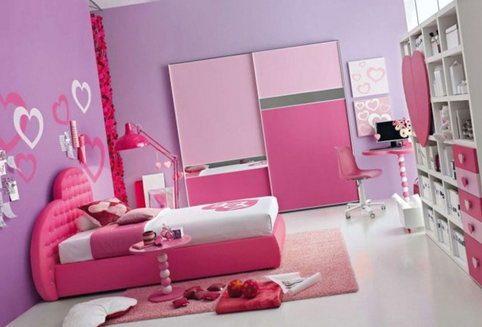 सुंदर बेडरूम विचारों के लिए लड़कियों-गुलाबी-अलमारियाँ और wandtattoos