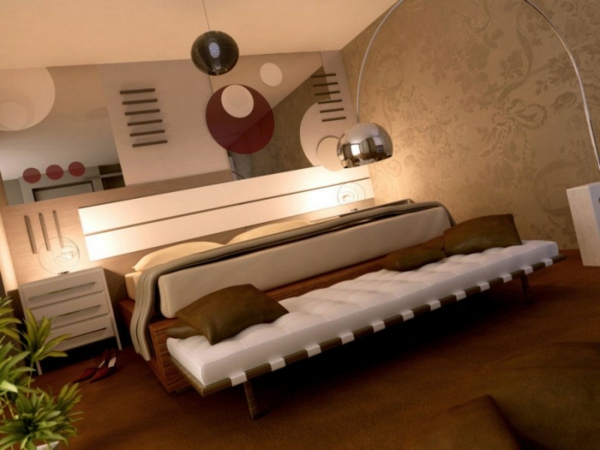 υπνοδωμάτιο με υπερβολικό σχεδιασμό και μοντέρνο φωτισμό