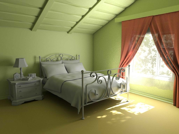 chambre à coucher avec un toit en pente conception verte mur