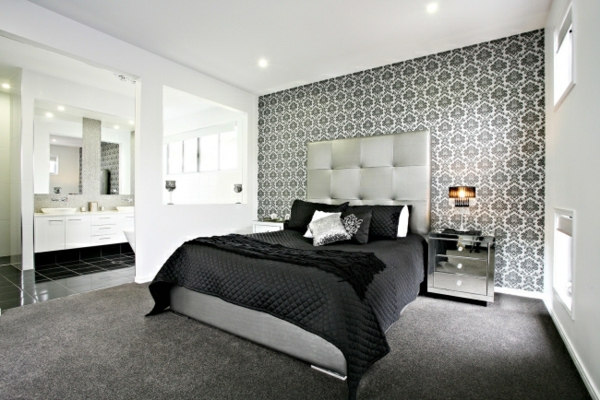 बेडरूम-काले-सफेद-लहजे दीवार वॉलपेपर पैटर्न-बारोक