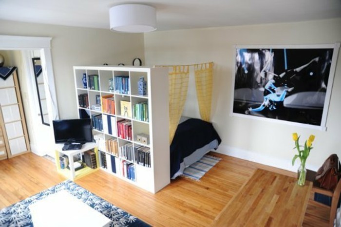 卧室，客厅，房间隔断，搁板式货架空间trenner图书货架分隔房间，木地板，地毯图案，卧室双人床电视