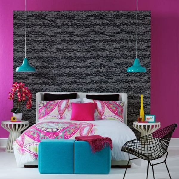 bedroom-design-ideas-super-beautiful-colors-dos lámparas azules cuelgan del techo