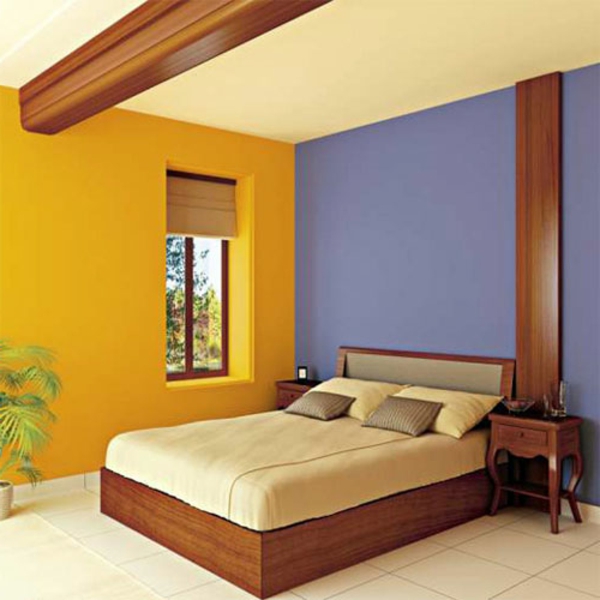 Dormitorio-con-un-violeta-y-un-amarillo-pared-tablas de madera