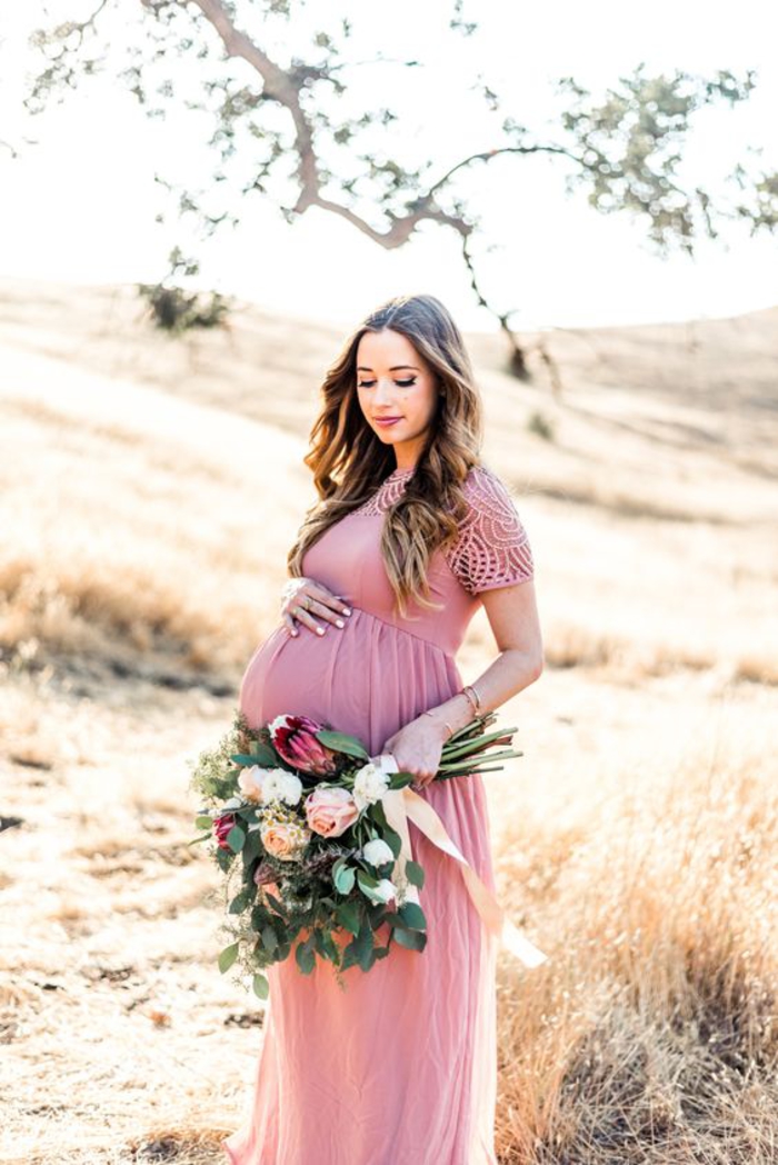 μόδα εγκυμοσύνης, φόρεμα μητρότητας, με κοντά μανίκια, ροζ