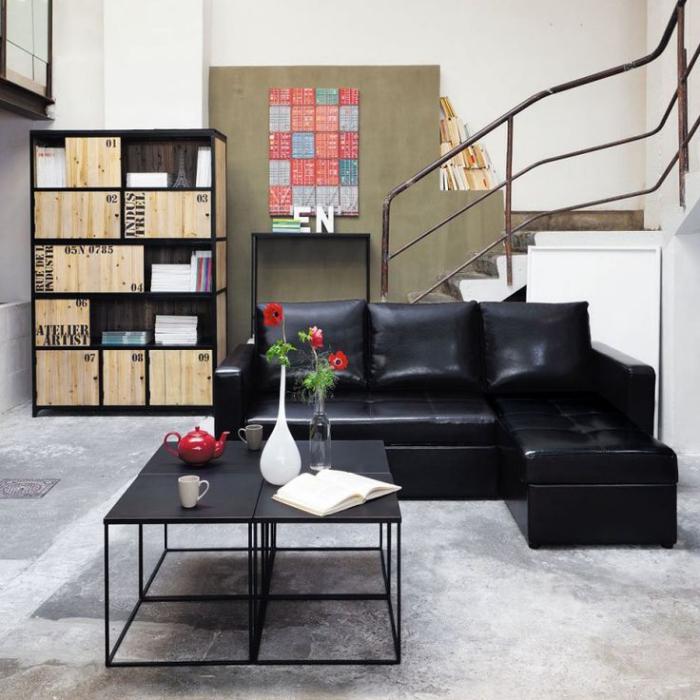 tabla-con-forma cuadrada negro Muebles sofá de cuero café