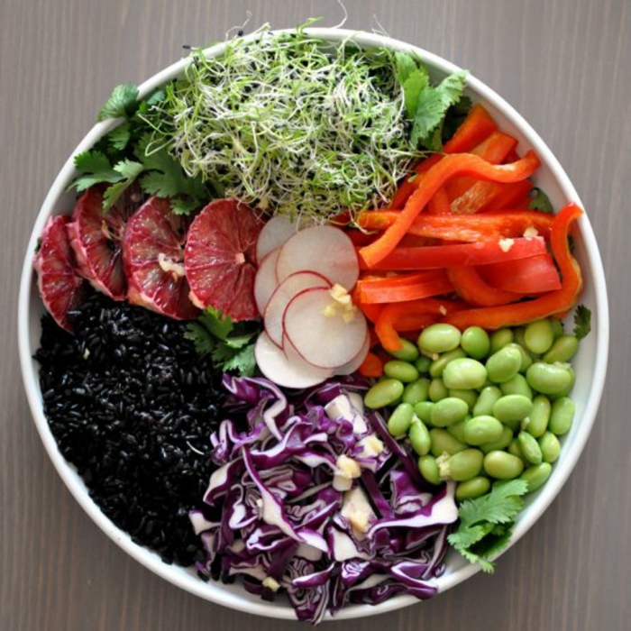 crna riža zdrava šarena ploča lijep oblik različitih boja kombinacija povrća voće riža
