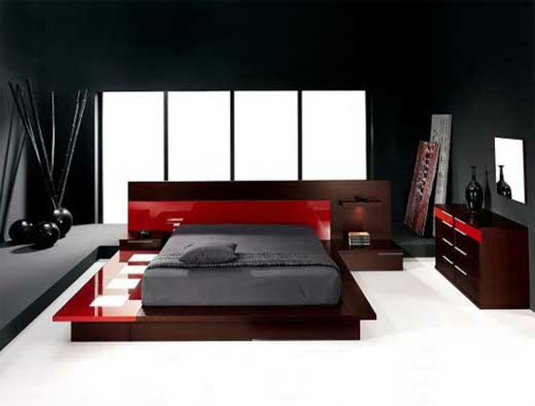 musta-seinän väri-for-makuuhuone-jossa-puna-elementtejä