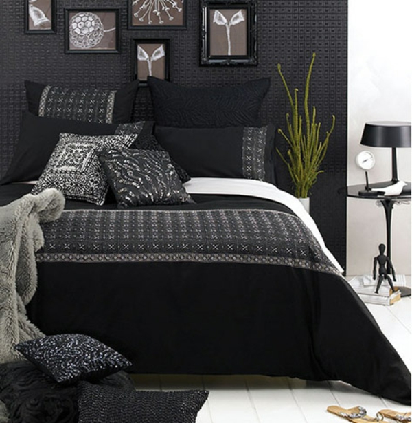 黑墙颜色为卧室现代和效果的有趣