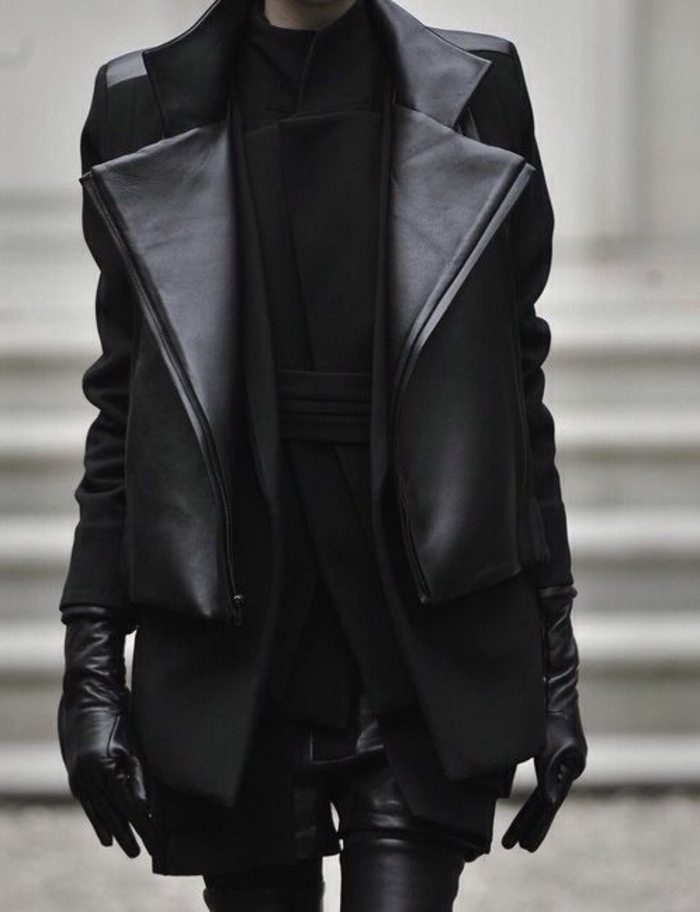 Μαύρο στοιχεία παλτό από δέρμα, κολάν Δερμάτινα γάντια υπερβολική εξάρτηση