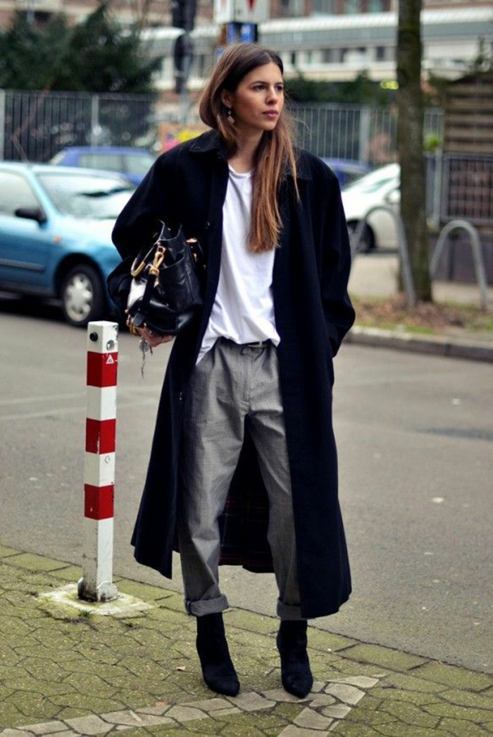 μαύρο maxi-παλτό Κυρίες Boyfriend Jeans-γκρι εξωφρενικές στολή