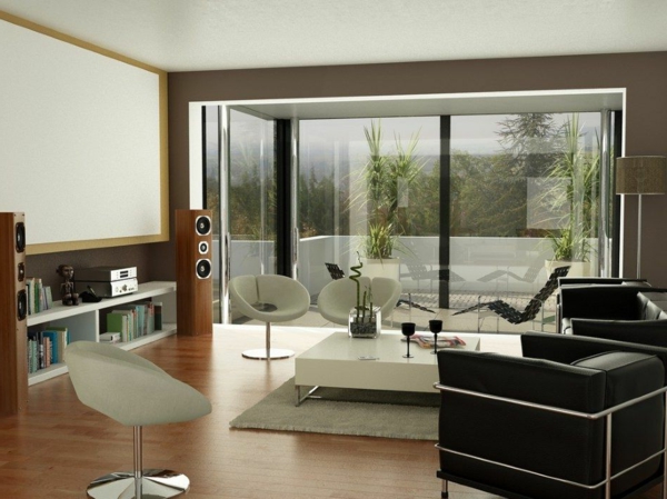 非常有创意的客厅 - 例子 - 玻璃墙和白色的巢桌