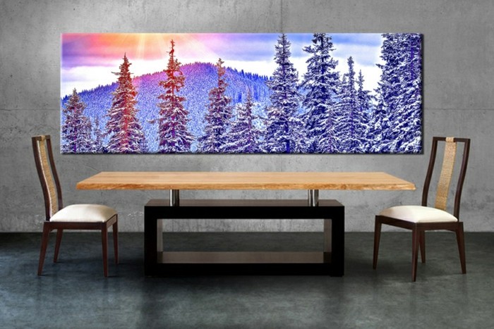 simple orientée-salle à manger-leinwandbildxxl bois table bois chaise-hiver paysage