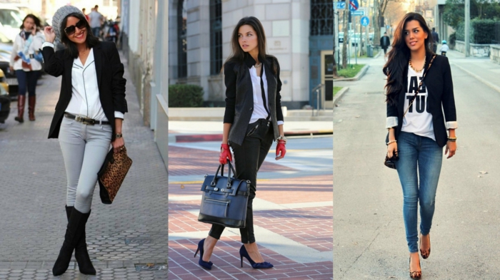 mujer casual elegante tres inspiradores mirando hacia adelante con elegantes jeans de estilo combinan maravillosamente