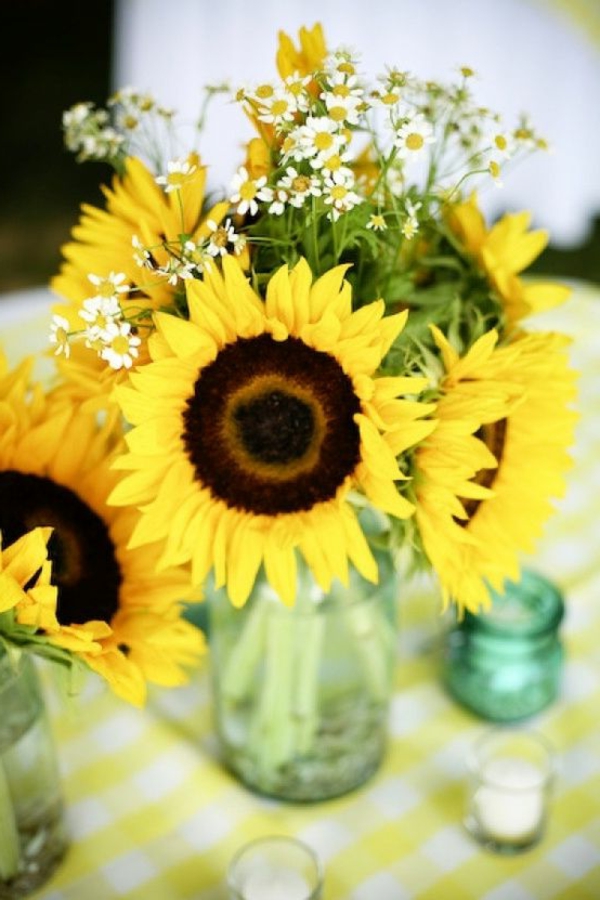 ηλιόλουστη-tischdeko-μαργαρίτα με-λουλούδια-όμορφα-κίτρινο-λουλούδι ρυθμίσεις-in-κίτρινο