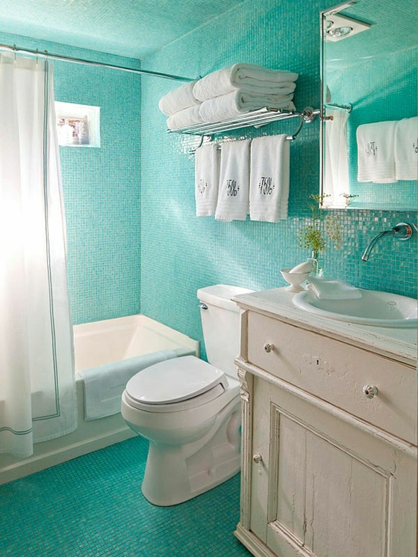 stockage des idées d'espace-salle de bains-turquoise-couleur blanc-rideaux