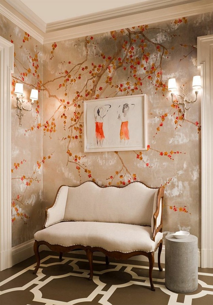 غرفة نوم أنيقة جميلة-خلفية-غريبة لهجات البرتقال جدارية