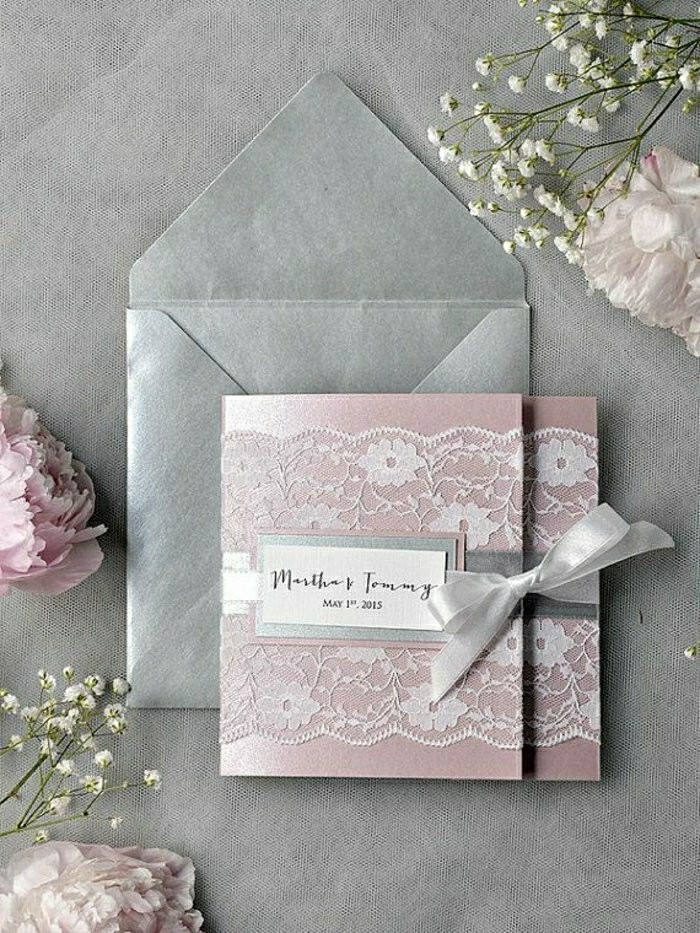 υπερ-ρομαντικό-μοντέλο πρόσκληση-γάμο-ροζ-γκρι-γυαλιστερό χαρτί παιώνιες Lace κορδέλα λουλούδι