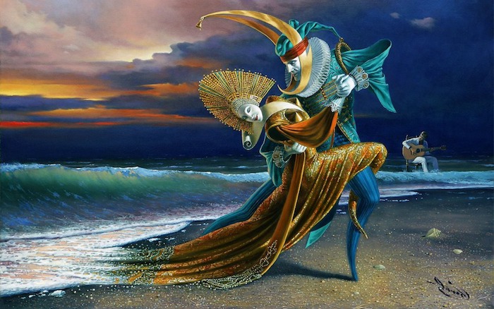 una imagen surrealista, una mujer bailando con un hombre, guitarrista