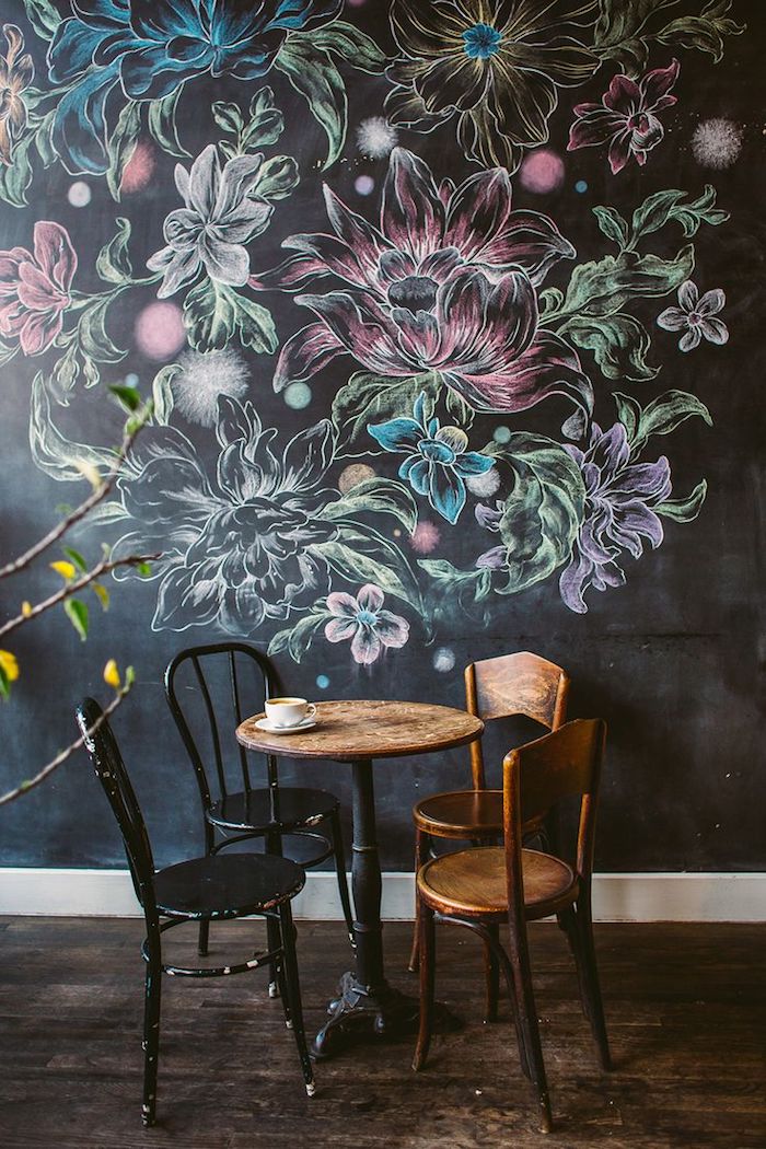ъгъл в кафе с боядисани красиви, цветни цветя - идеи за цветовете на стените