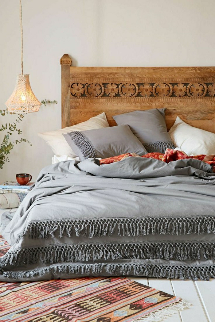 colcha gris elegante de la alfombra de diseño de madera boho-cama adornos interesante unida luz de la taza de café