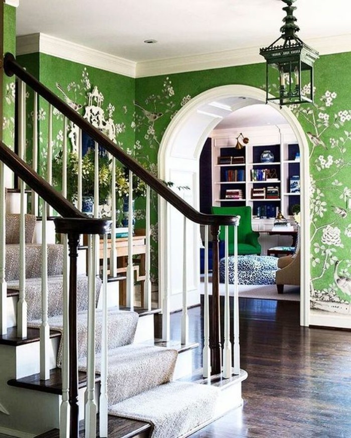 tapéta-ötletek-for-folyosó-zöld színű, birdie-és tavaszi ágak