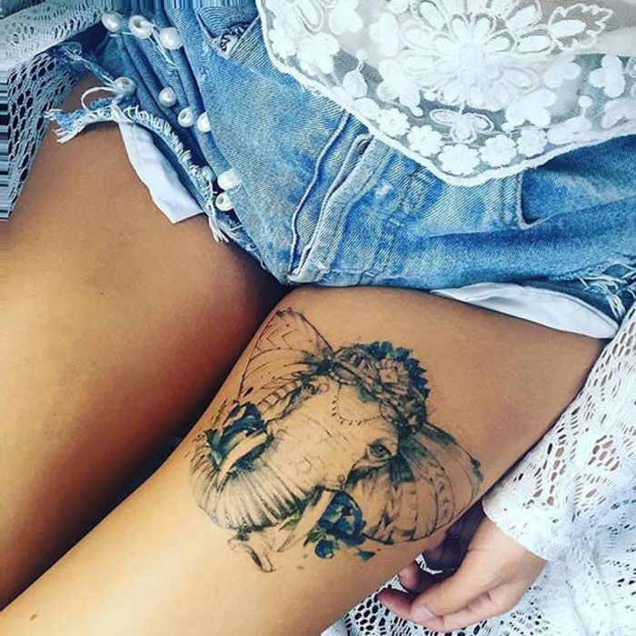 tatuaje en el muslo, tatuajes en las piernas, elefante, tatuajes para mujeres, mujeres
