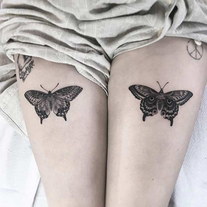 tatuaje en el muslo, tatuaje de pierna, motivos de tatuaje para mujeres, mariposas