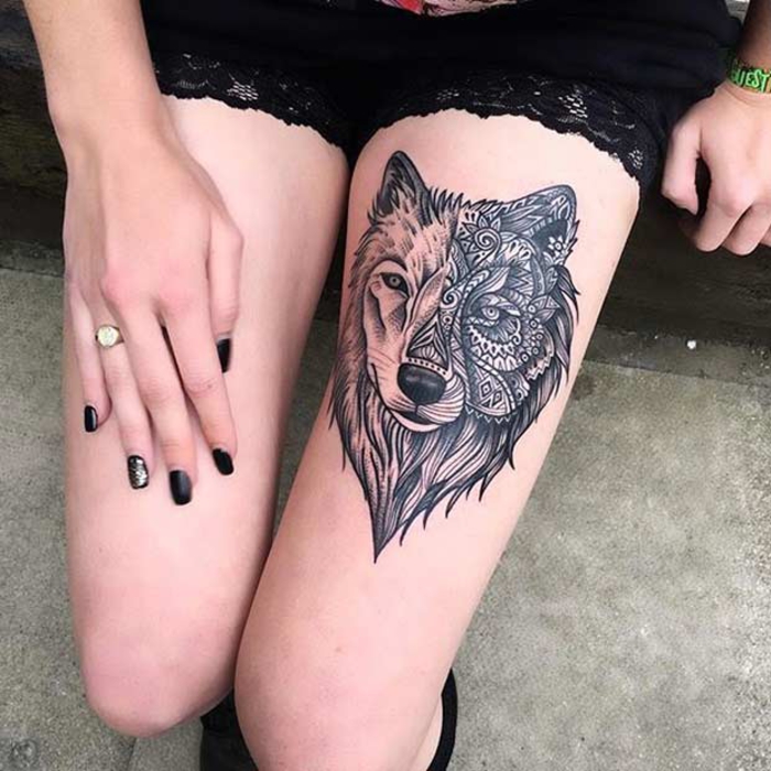 tatuaje en el muslo, lobo, tatuaje de la pierna, ideas del tatuaje para las mujeres
