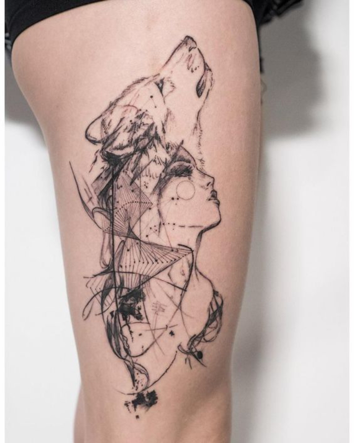 tatuaje en el muslo, lobo, mujer, tatuaje de la pierna, ideas del tatuaje