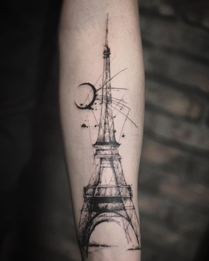 tatuaje en la pierna, torre eiffel, ideas del tatuaje, tatuaje en la pantorrilla